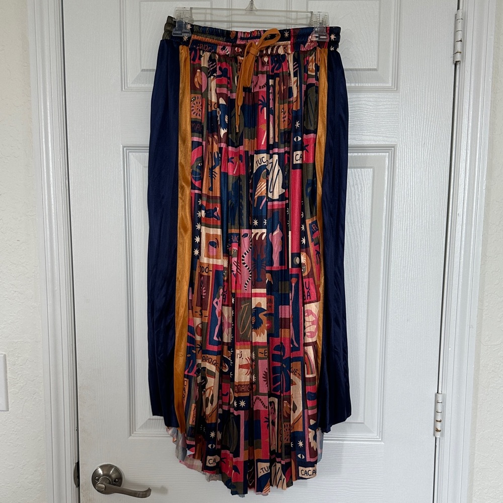 Farm Rio Bohemian Navy & Multicolor Pleated Maxi Skirt